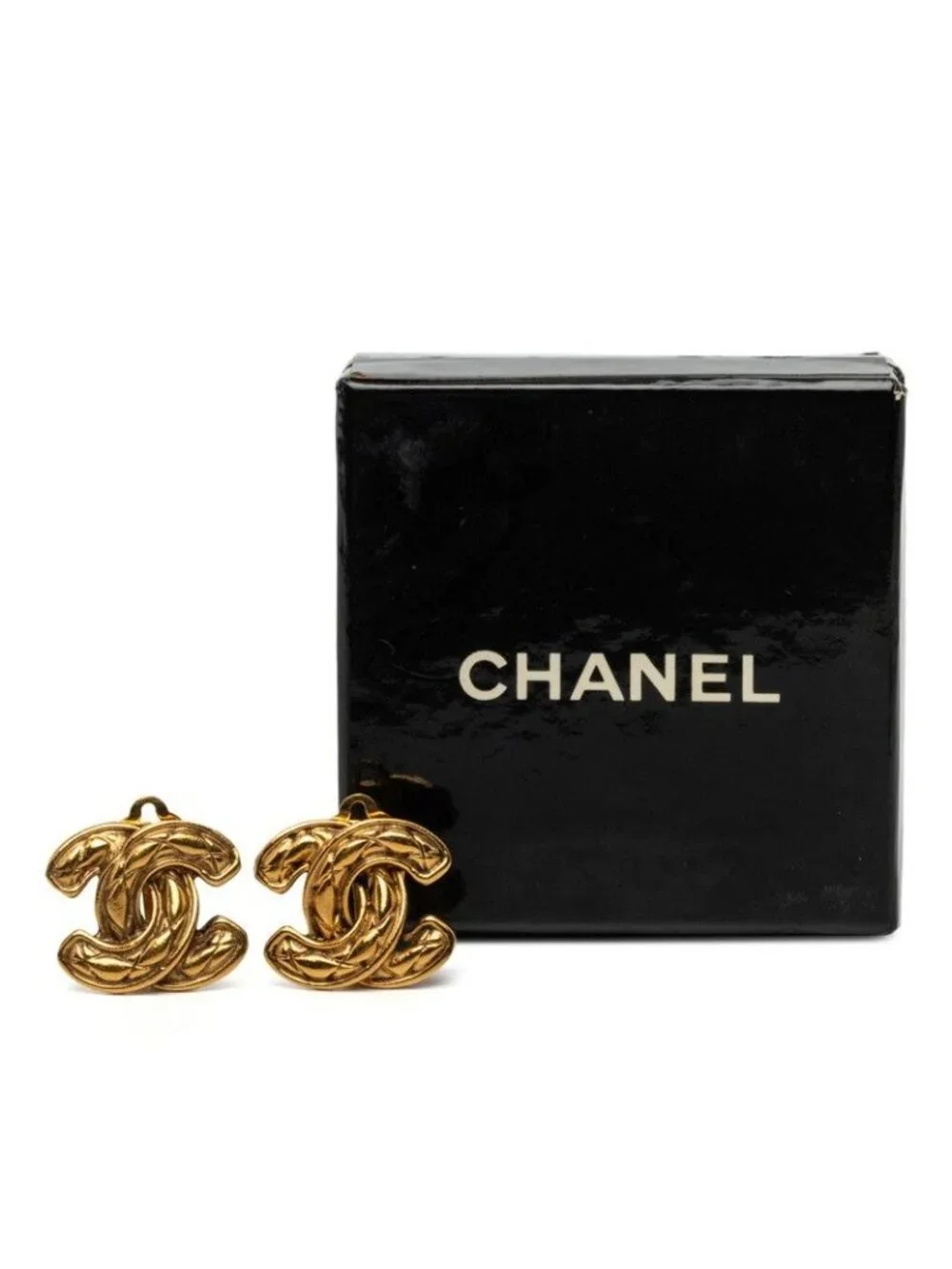 Chanel CC Logo Quilted Earrings Gold Plated